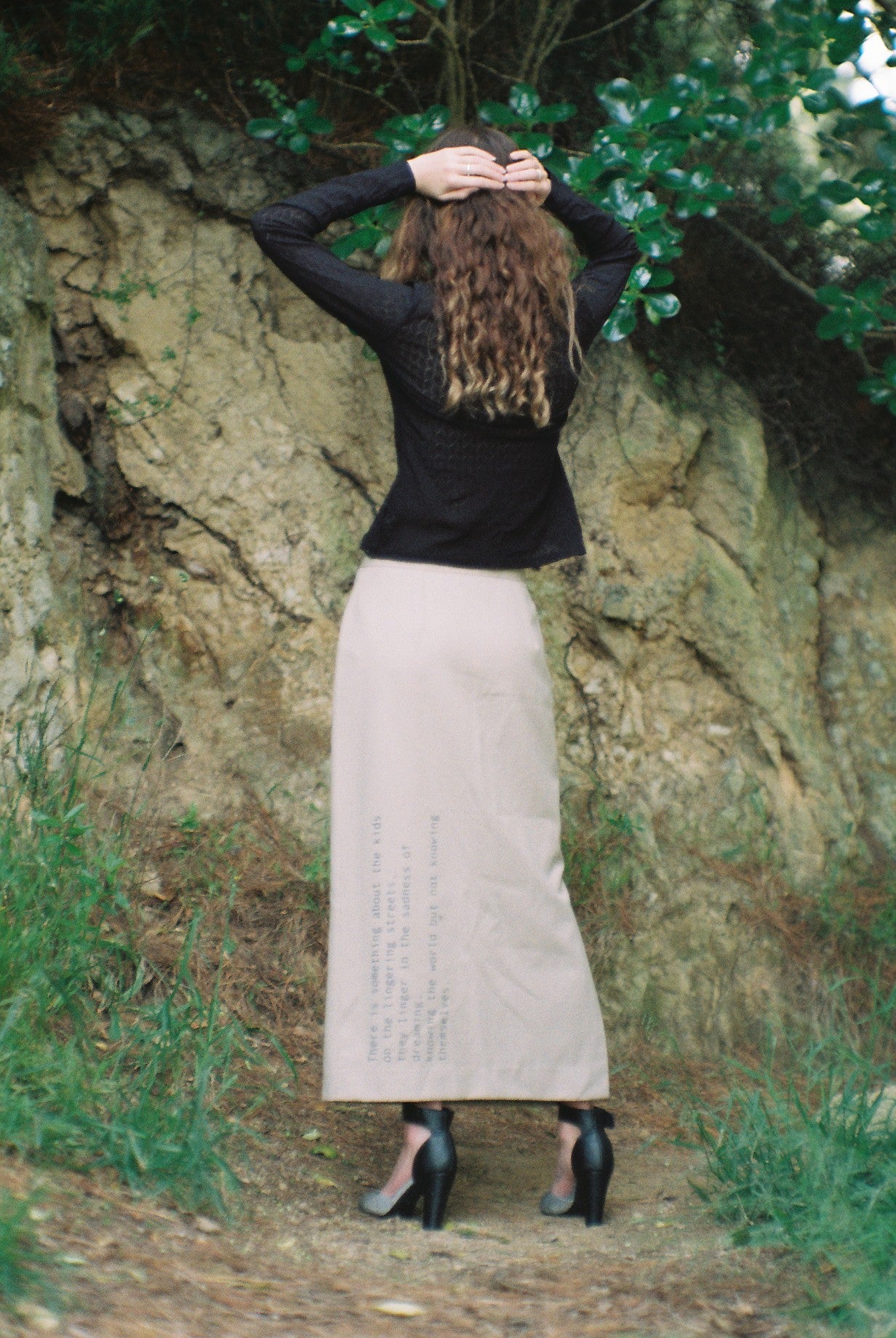 Word Skirt (Beige, Blue Print)